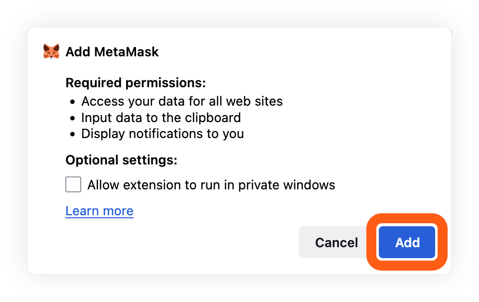 Firefox add MetaMask extension confirm