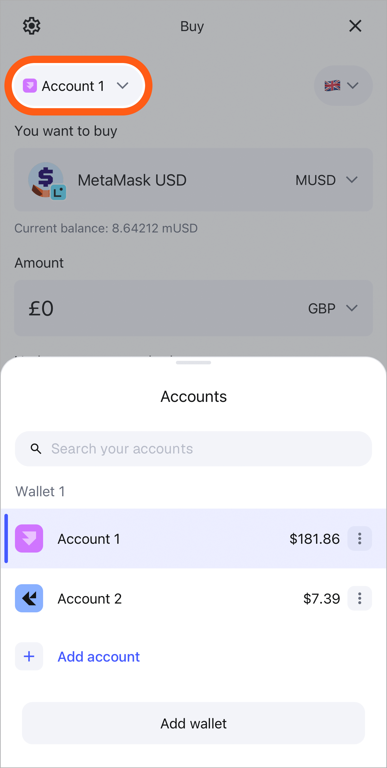 MetaMask mobile buy screen select account to buy