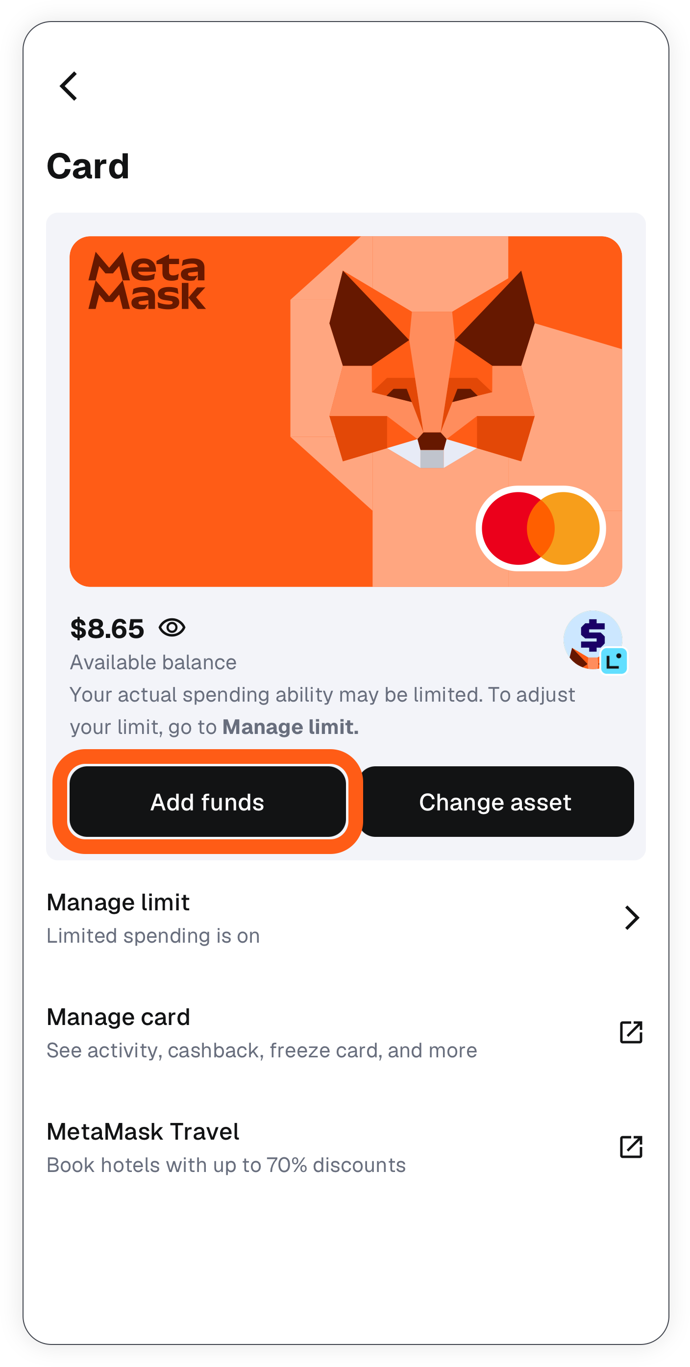 MetaMask Mobile card tab add funds button