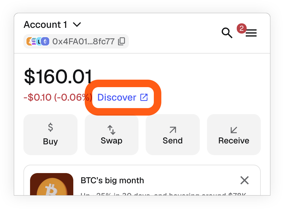 MetaMask Extension locate portfolio discover button