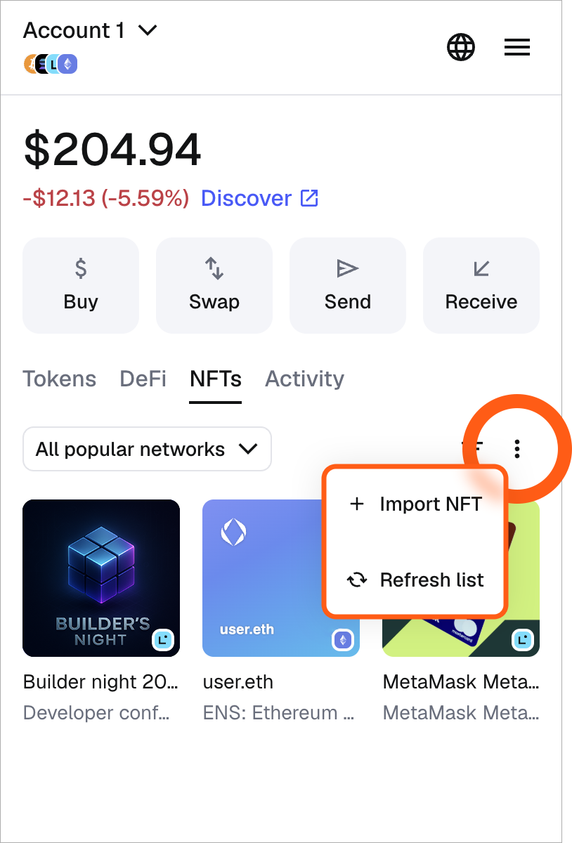 MetaMask extension import NFT dropdown option
