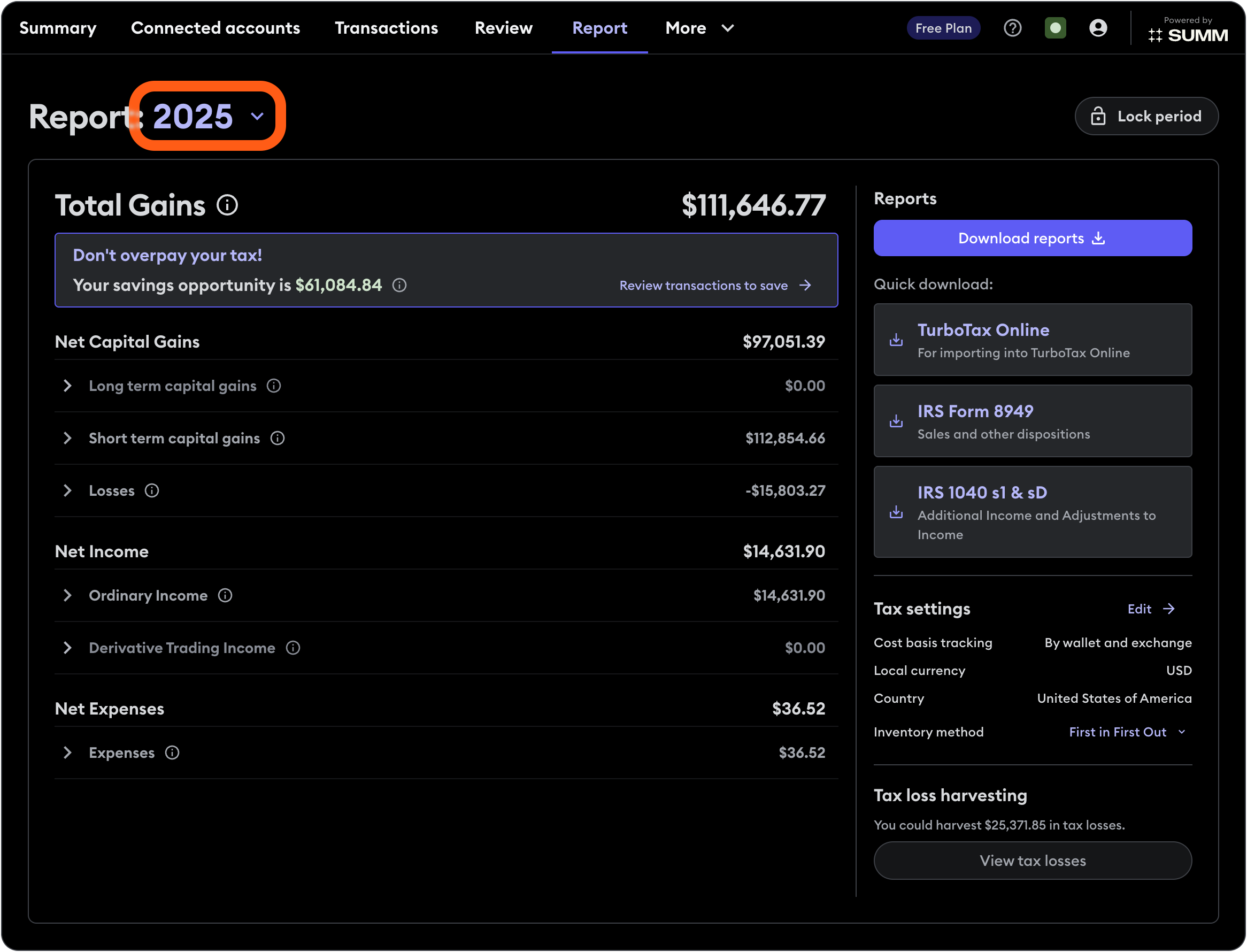 MetaMask Portfolio Summ report choose year date