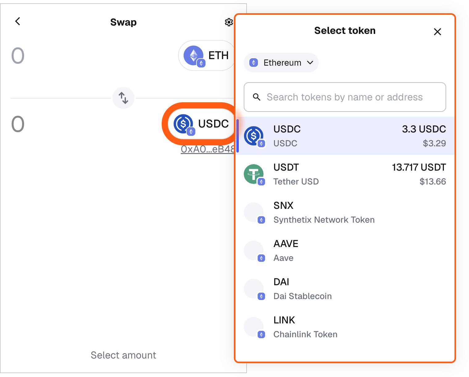 MetaMask extension choose token to swap to