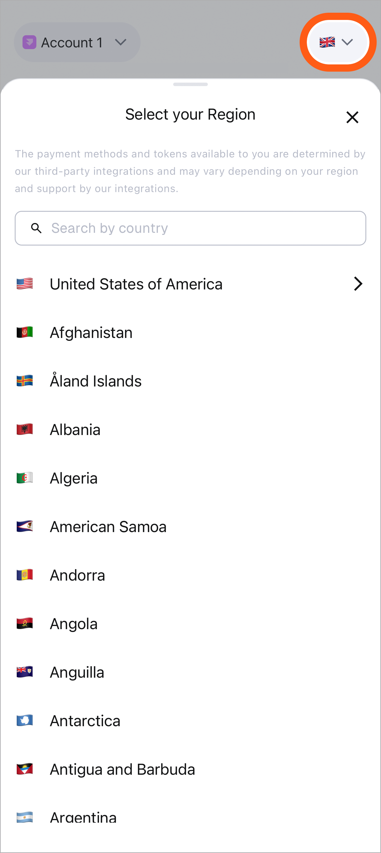 MetaMask mobile buy screen select region