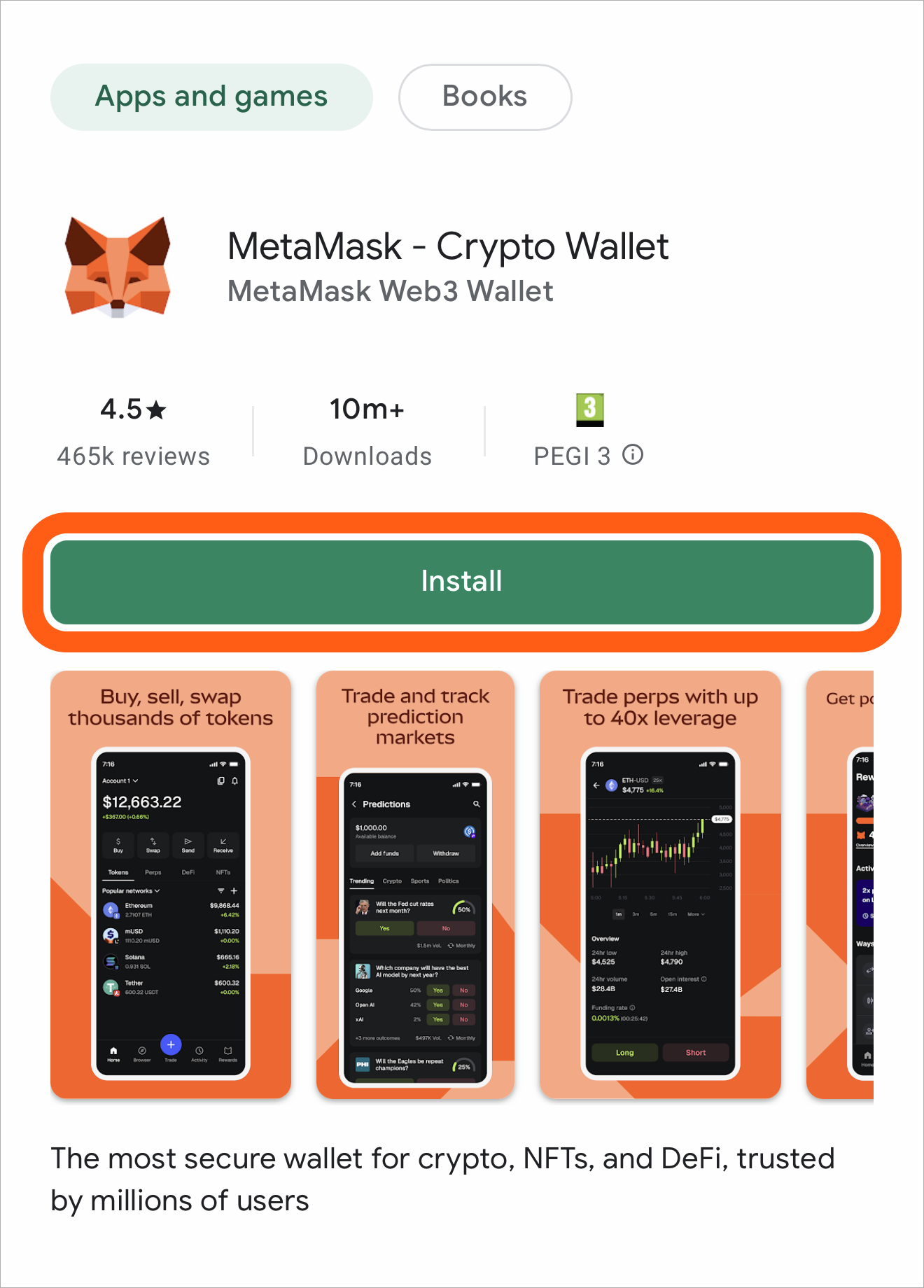 MetaMask mobile Google Play Store app listing