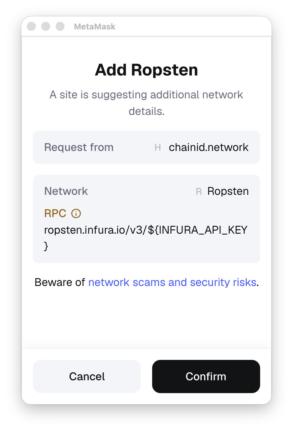 MetaMask extension add network from chainlist confirmation