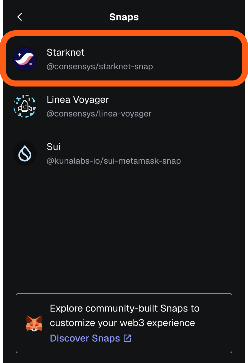 MetaMask extension select Snap from list
