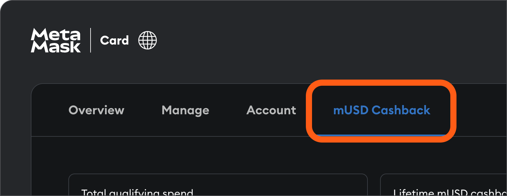 MetaMask Card dashboard mUSD back tab