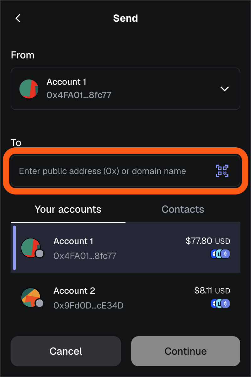 MetaMask extension send input recipient address
