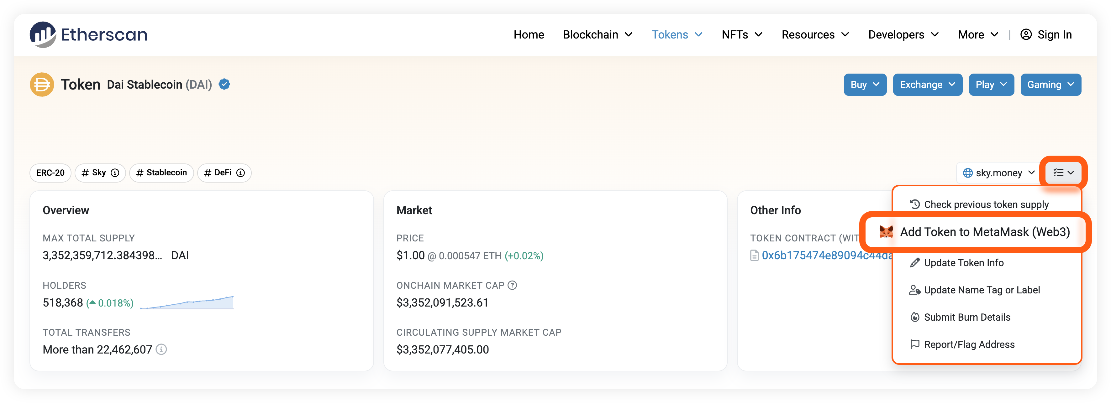 Etherscan add token to MetaMask menu
option
