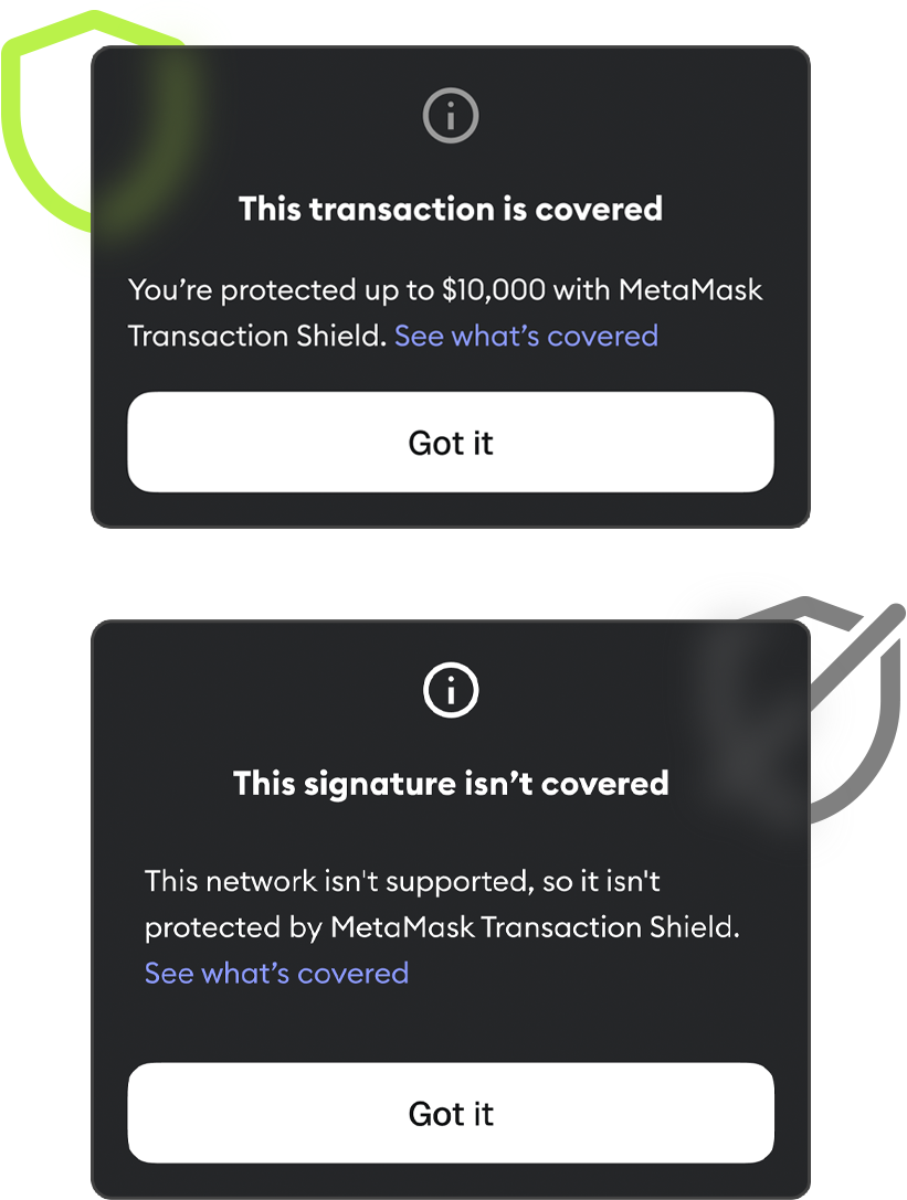 MetaMask extension transaction shield covered and not covered info modals