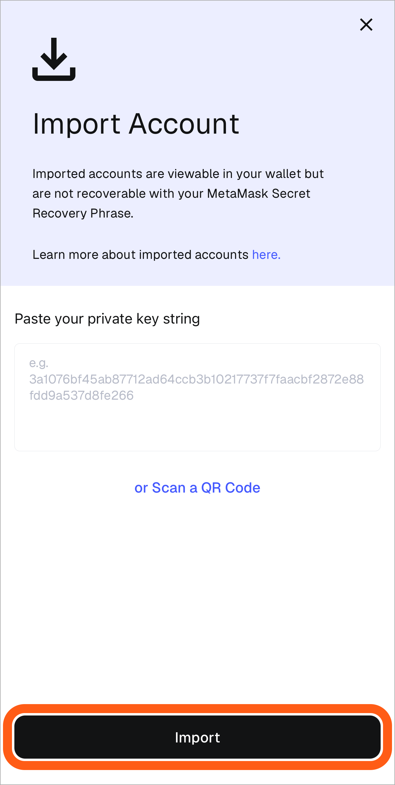 MetaMask mobile add wallet input private key string