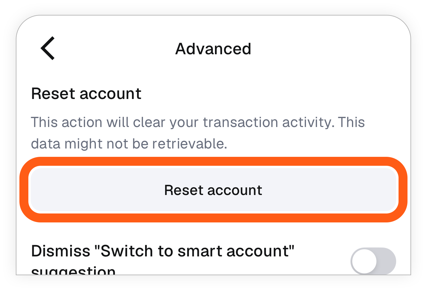 MetaMask mobile advanced settings reset account button