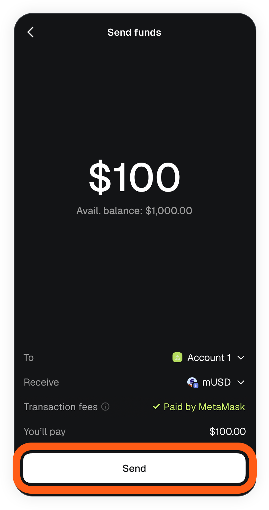 MetaMask mobile money account send funds to another account confirm