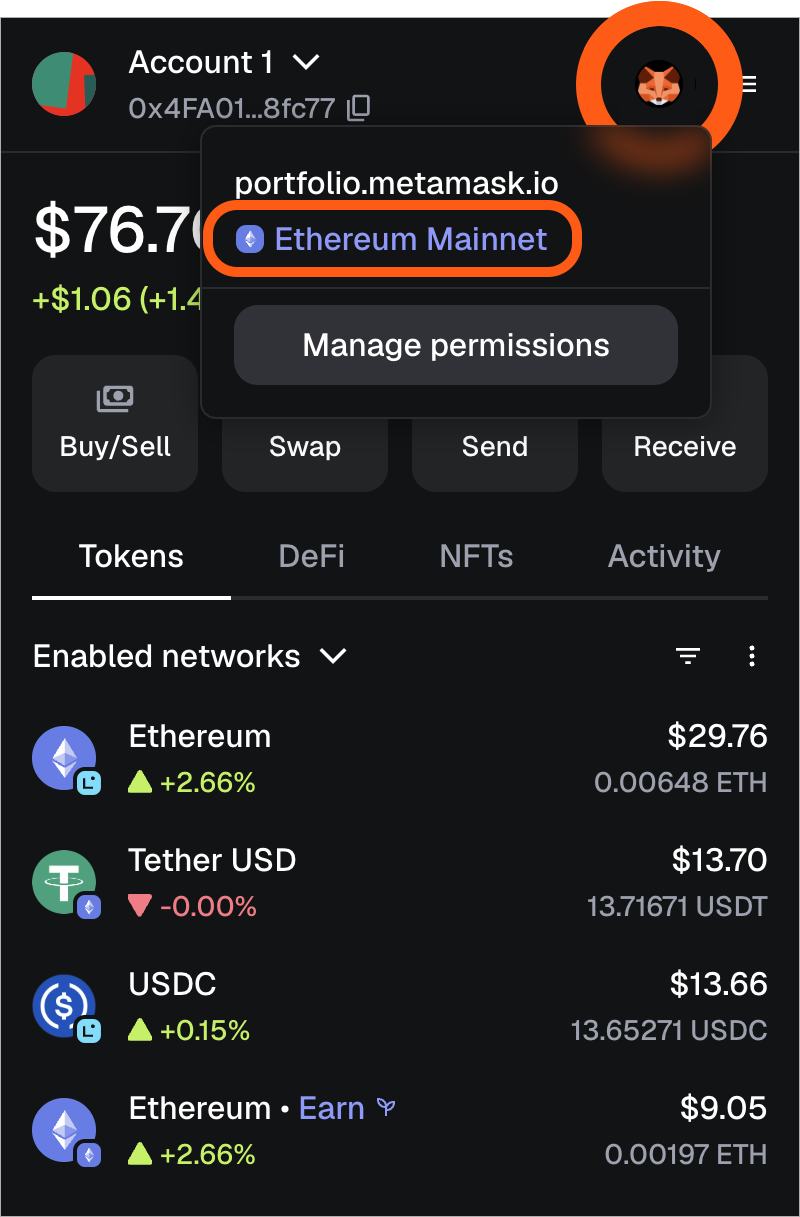 MetaMask extension connected dapp current network