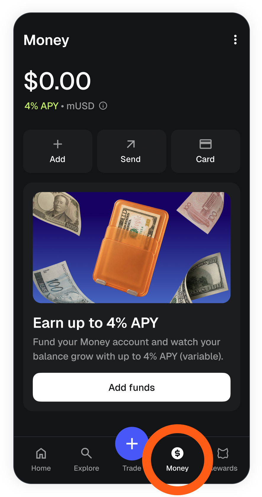 MetaMask mobile money account menu tab