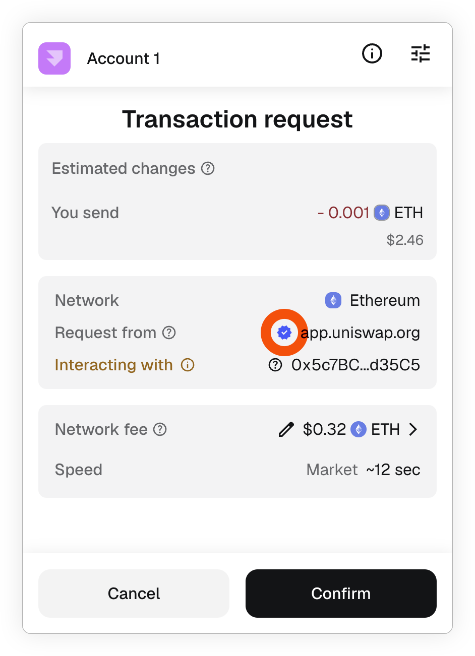 MetaMask extension verified badge example