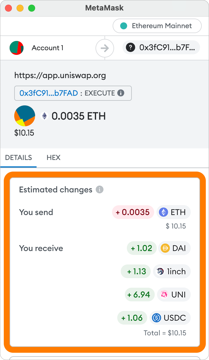 MetaMask estimated balance changes with multiple
tokens