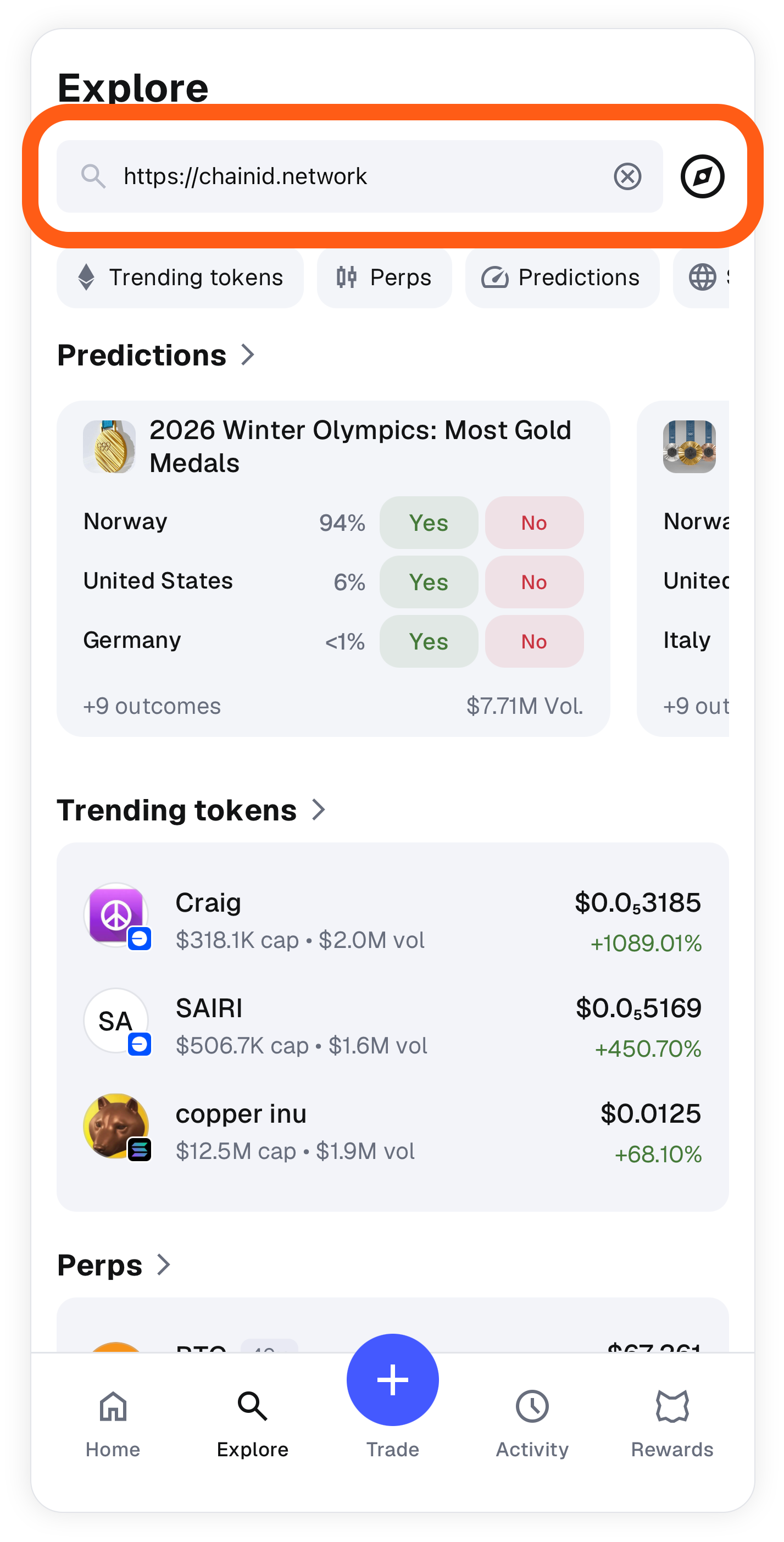 MetaMask mobile explore tab search chainlink url