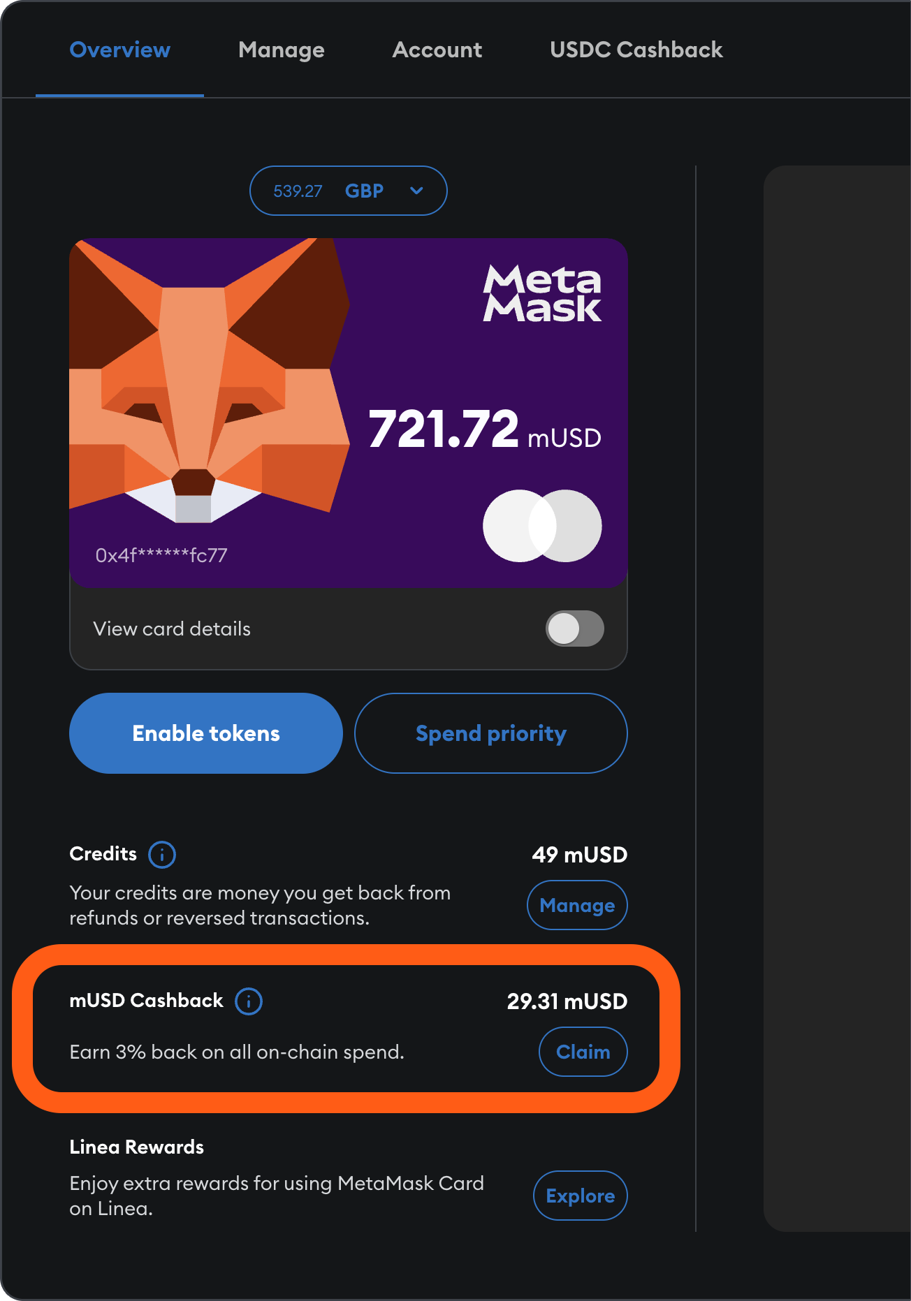 MetaMask Card overview mUSD back
