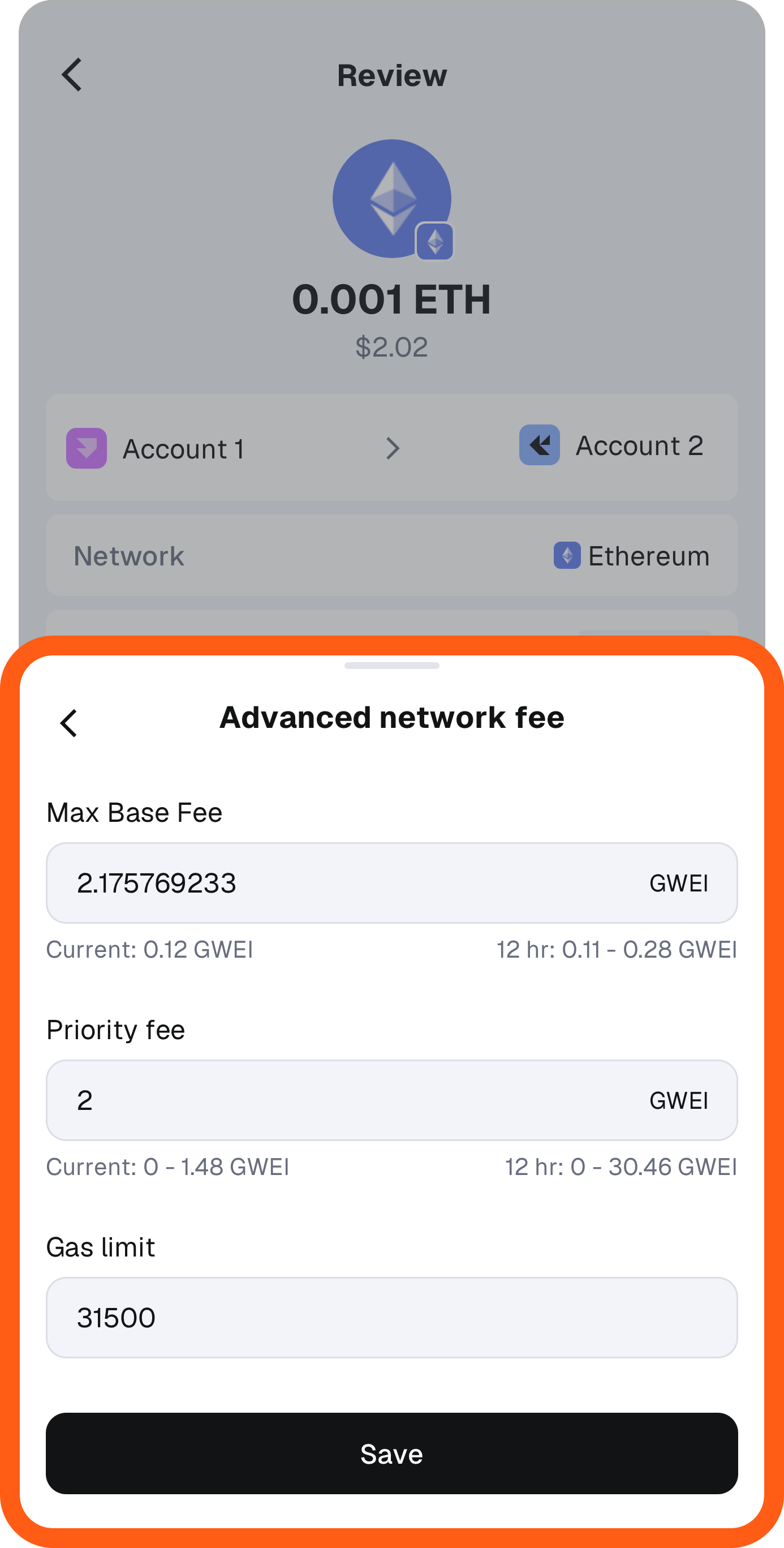 MetaMask mobile transaction screen advanced network fee