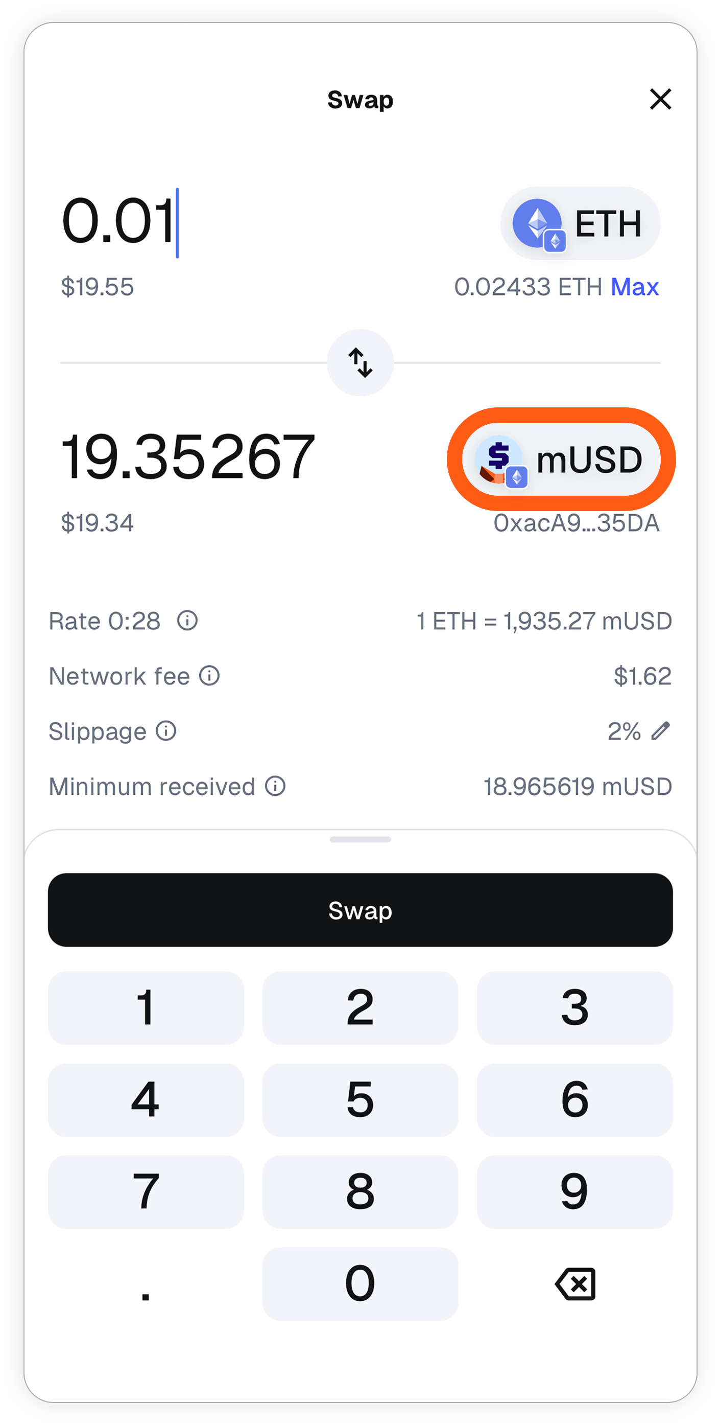 MetaMask mobile: selecionar mUSD para o qual trocar