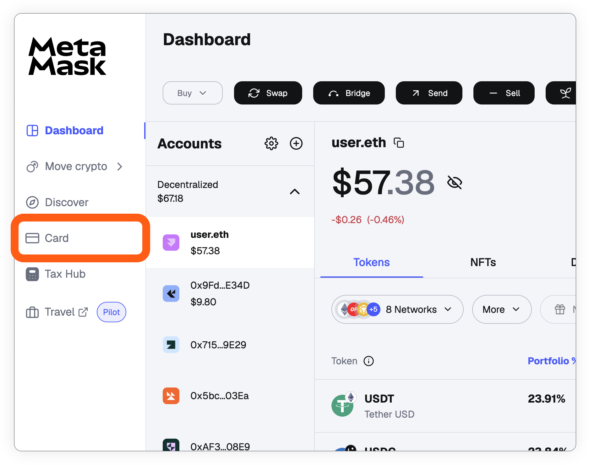 MetaMask portfolio card tab