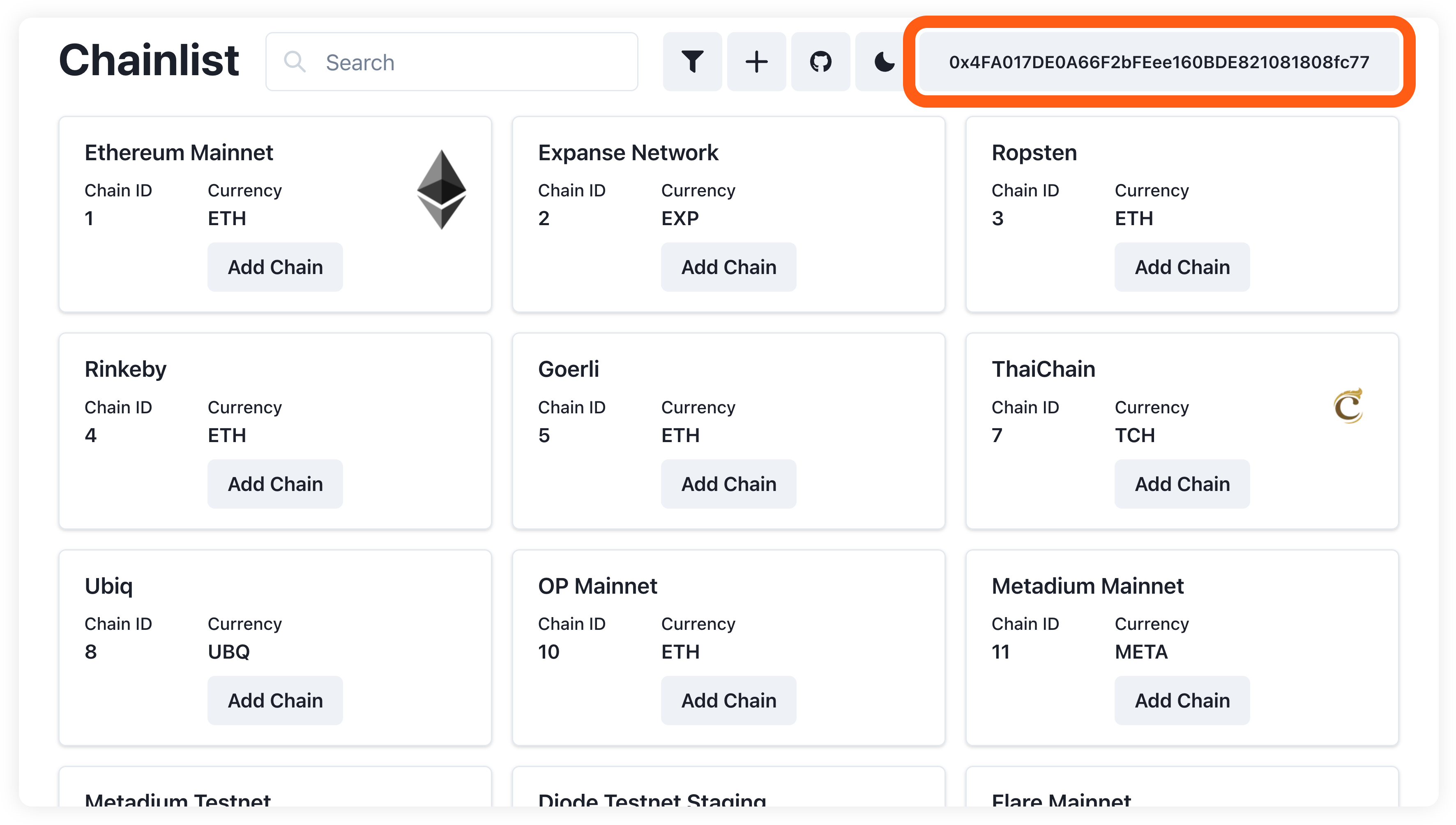 Chainlist connected address