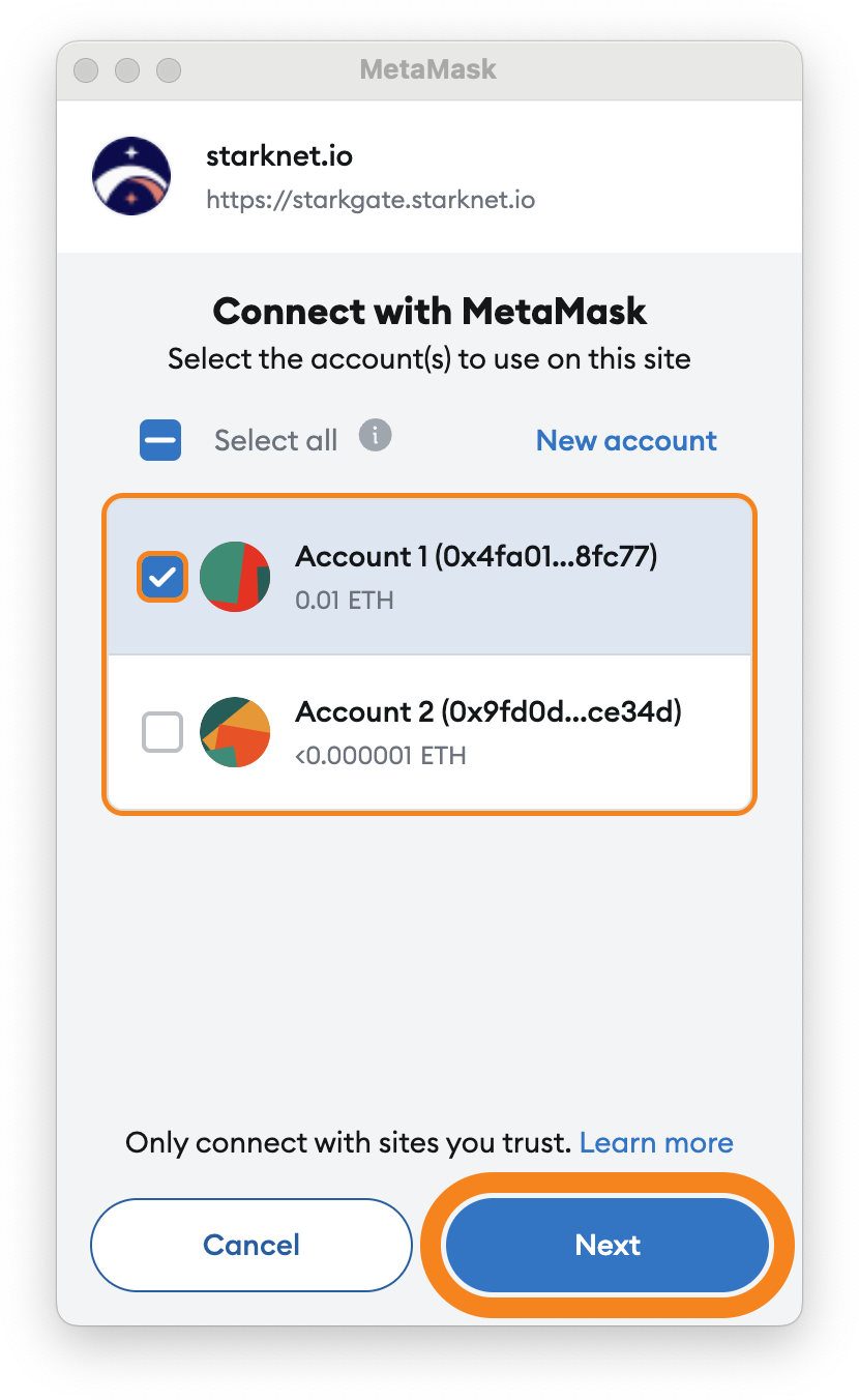 Select Ethereum account to connect to
StarkGate