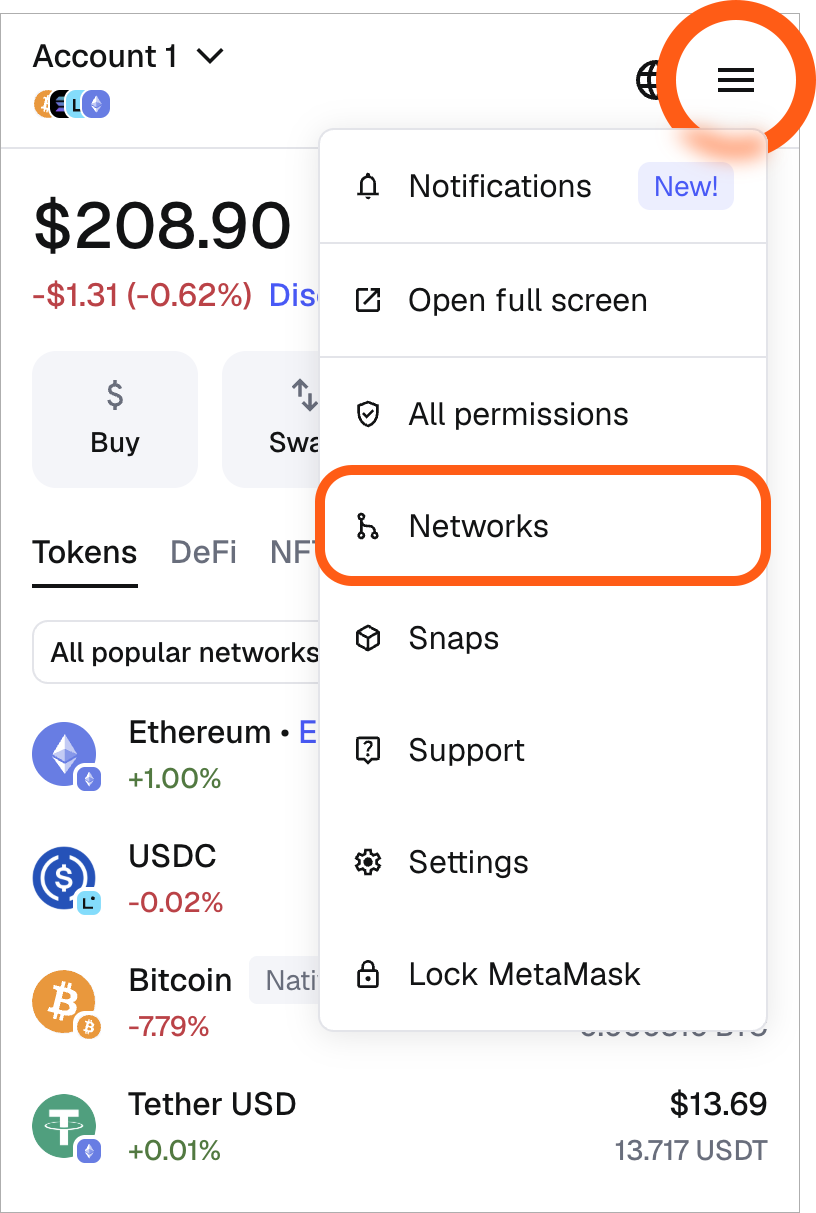 MetaMask extension dropdown menu networks