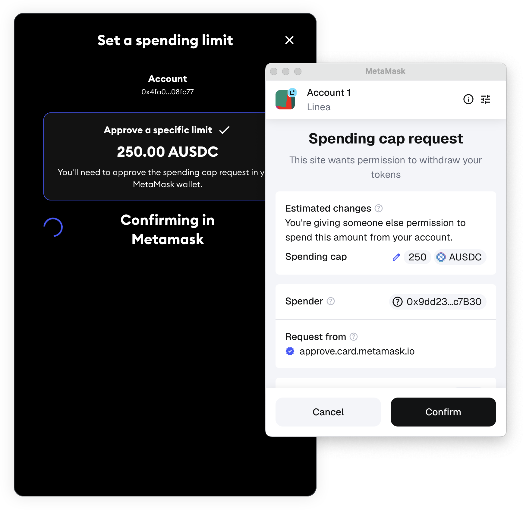 Tarjeta MetaMask: aprobar nuevo token con límite de gasto de 250 aUSDC