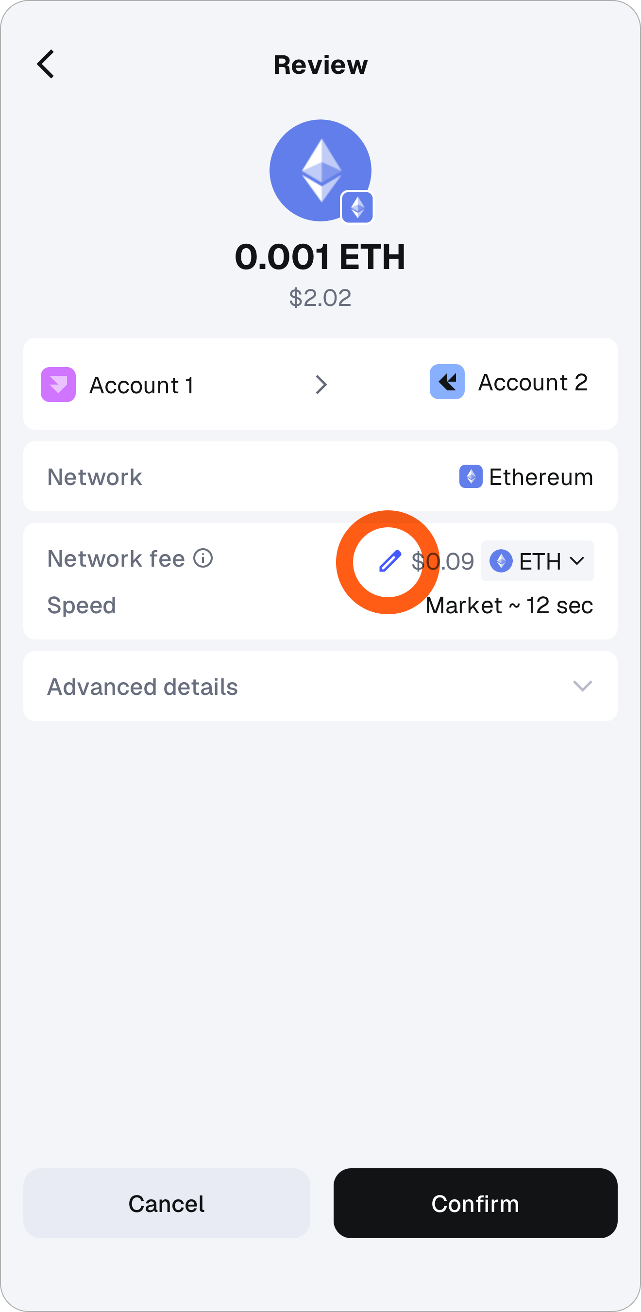 MetaMask mobile transaction screen adjust gas icon