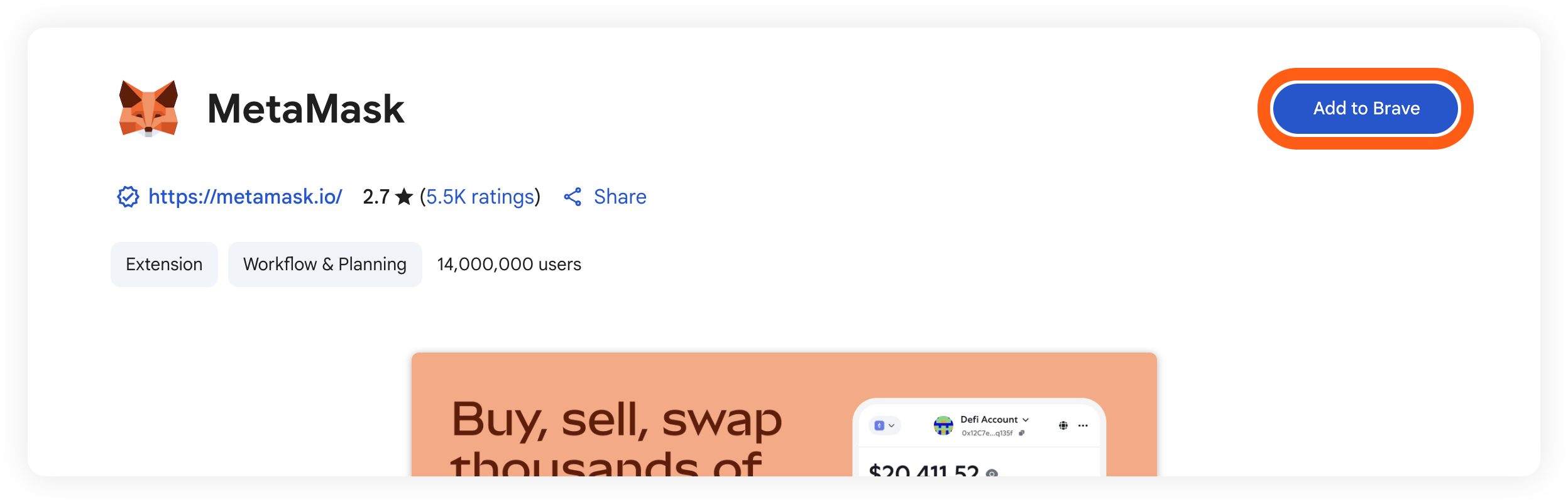 Brave add MetaMask extension