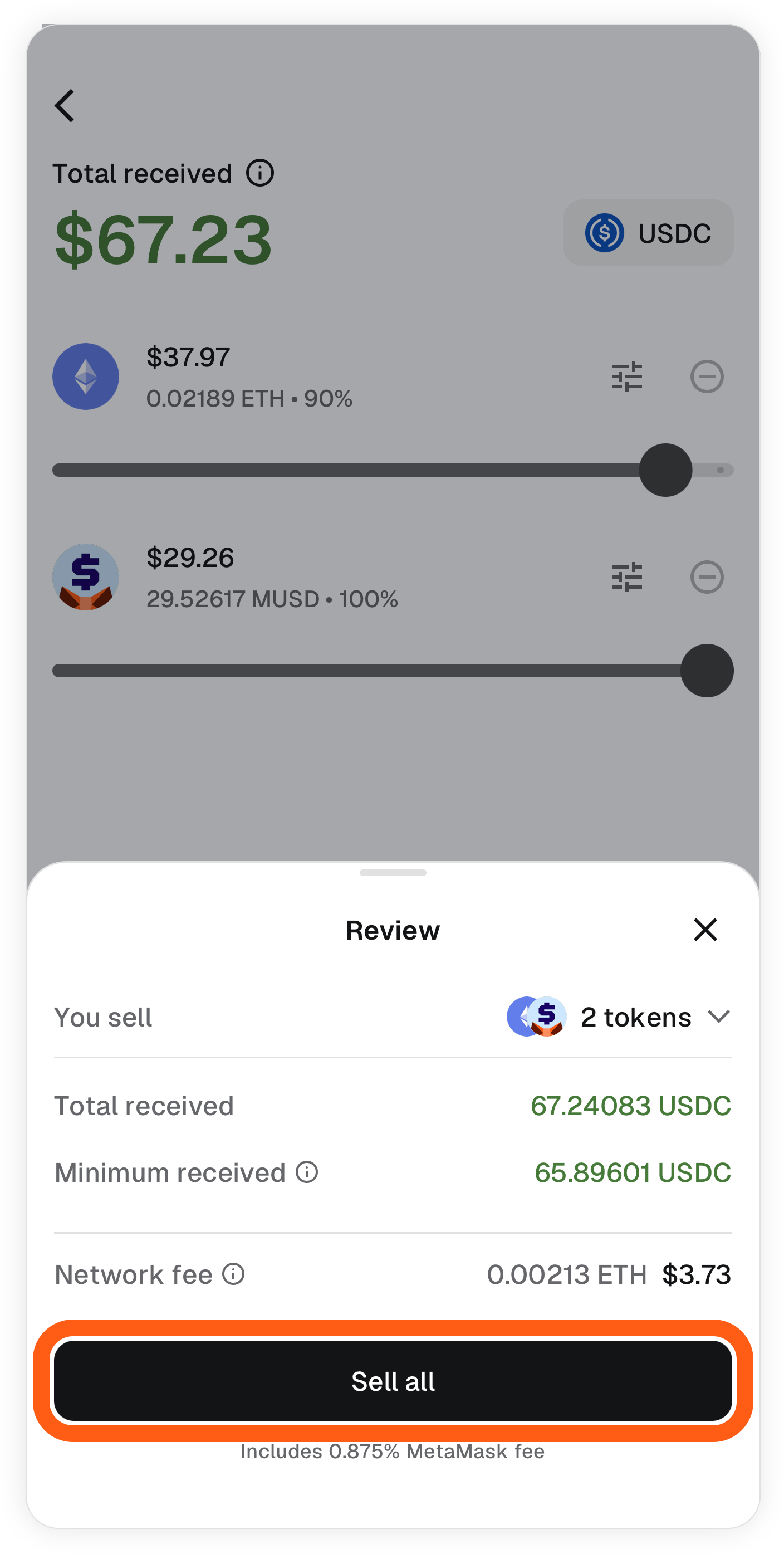 MetaMask mobile batch sell review and sell all