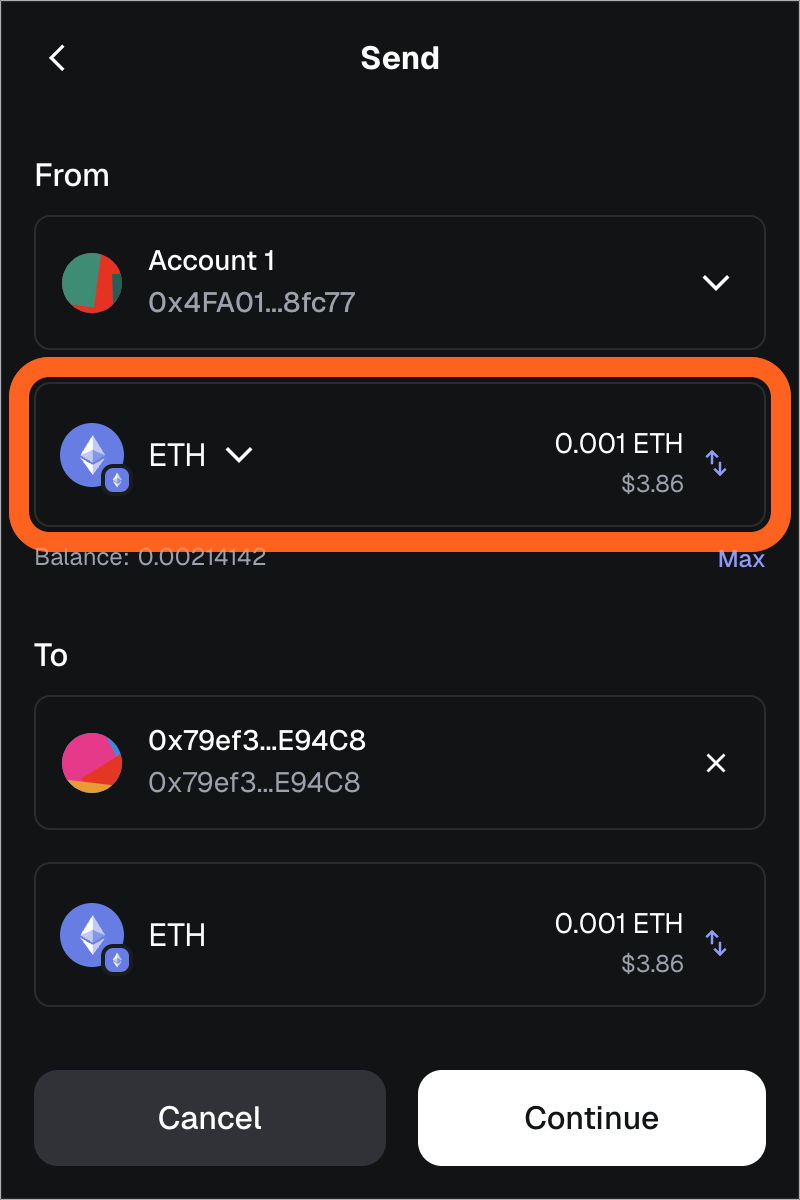 MetaMask extension send select amount