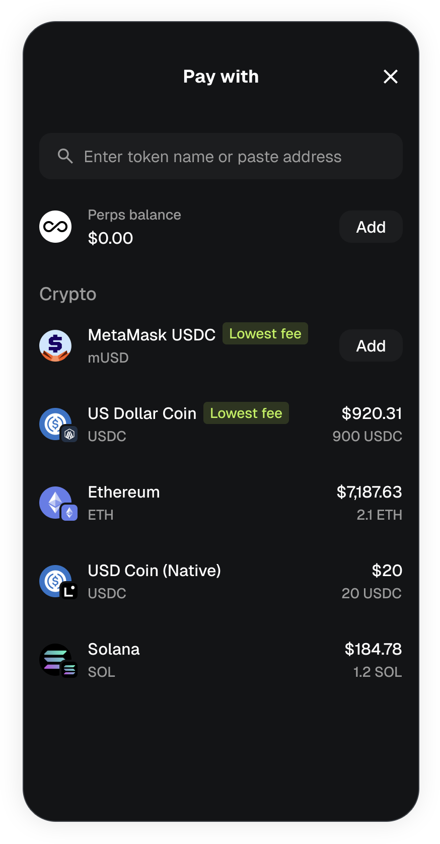 MetaMask mobile follow trade select token to pay with