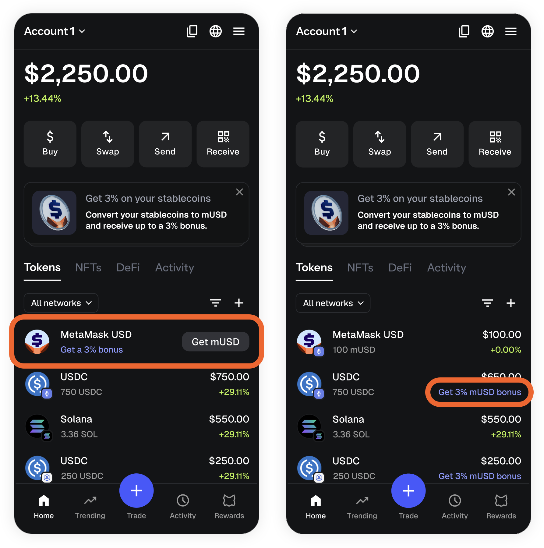 MetaMask mobile: lista de tokens, opção para obter mUSD