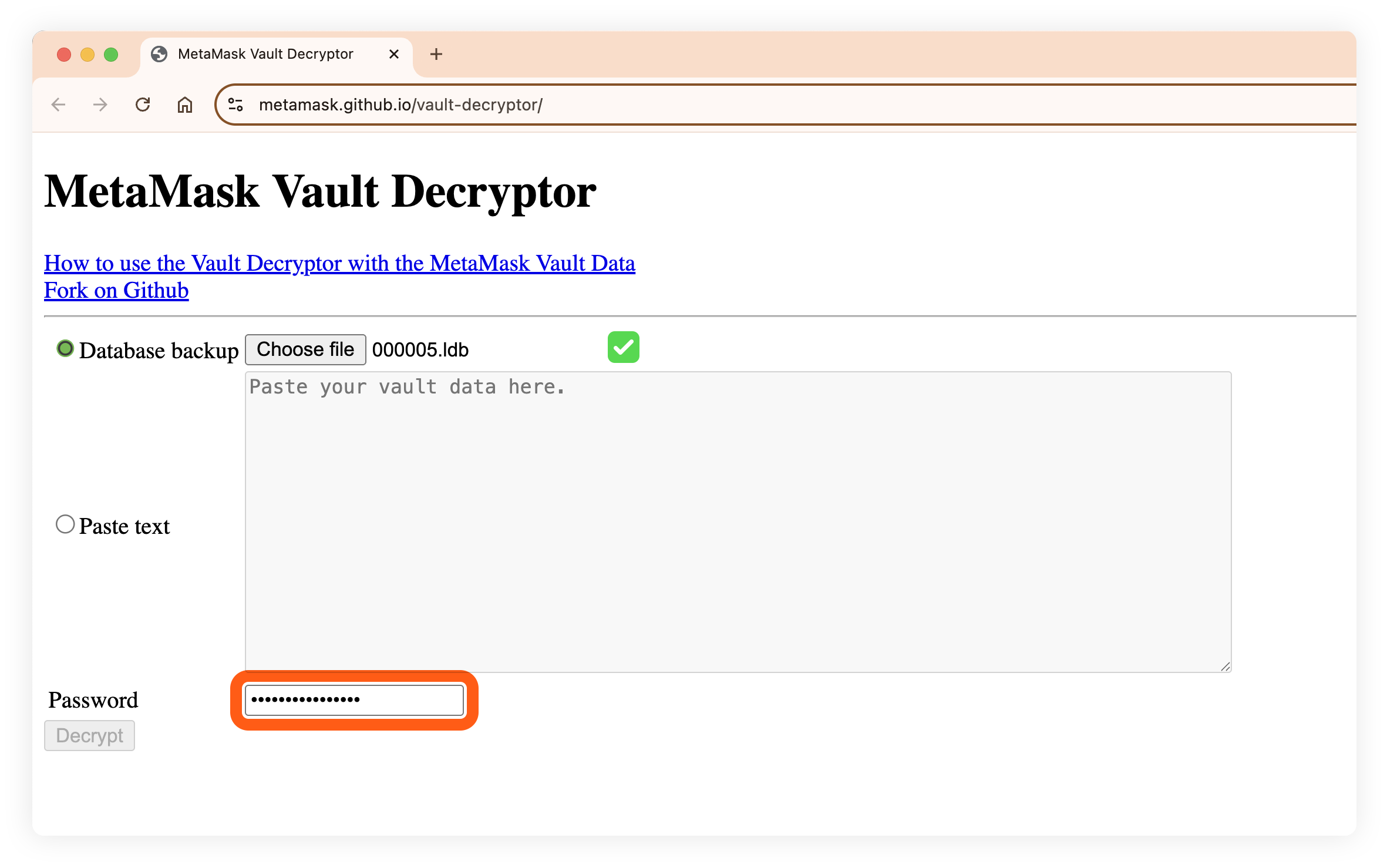 Vault decryptor enter password