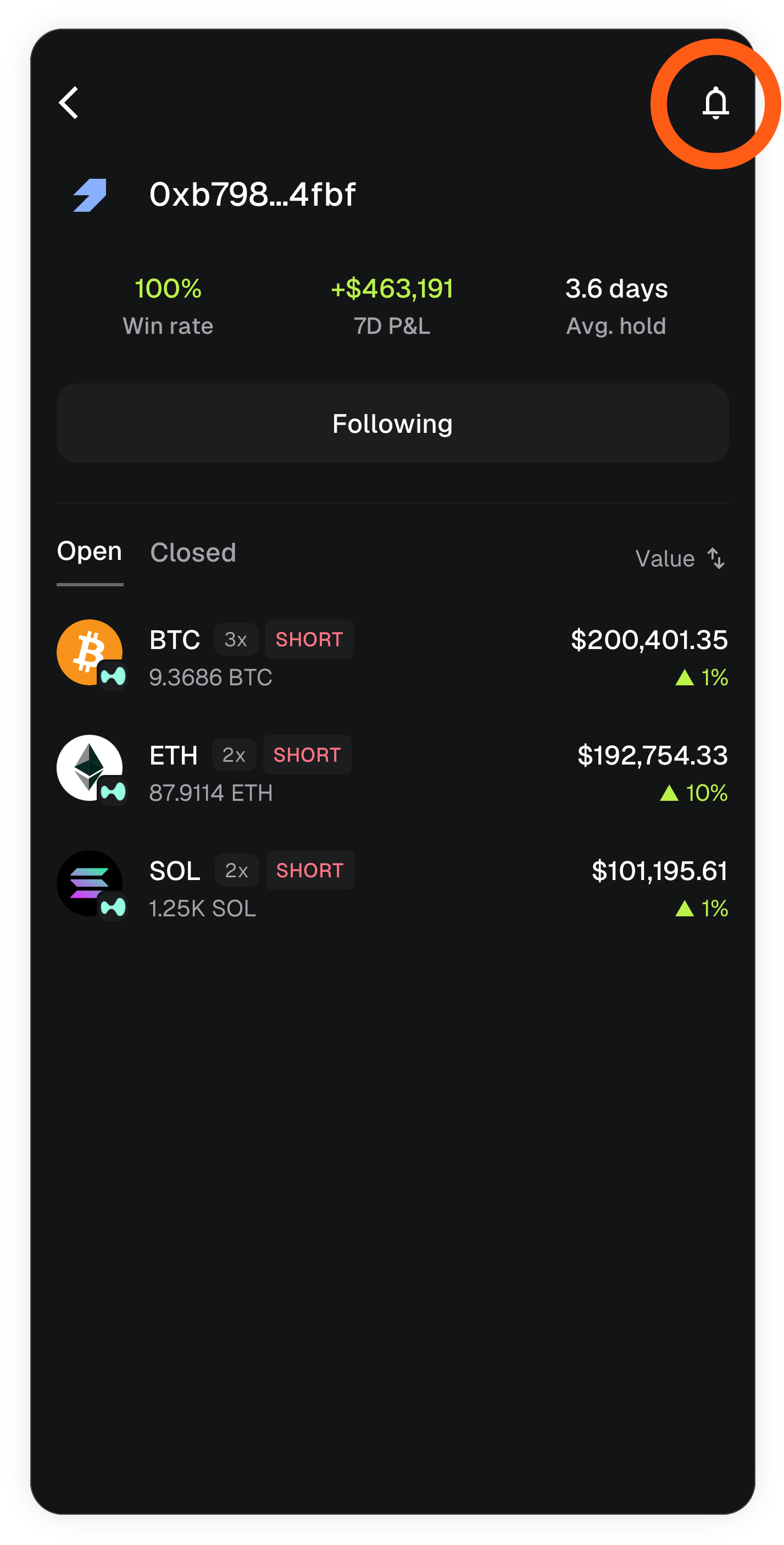 MetaMask mobile trader profile notification button