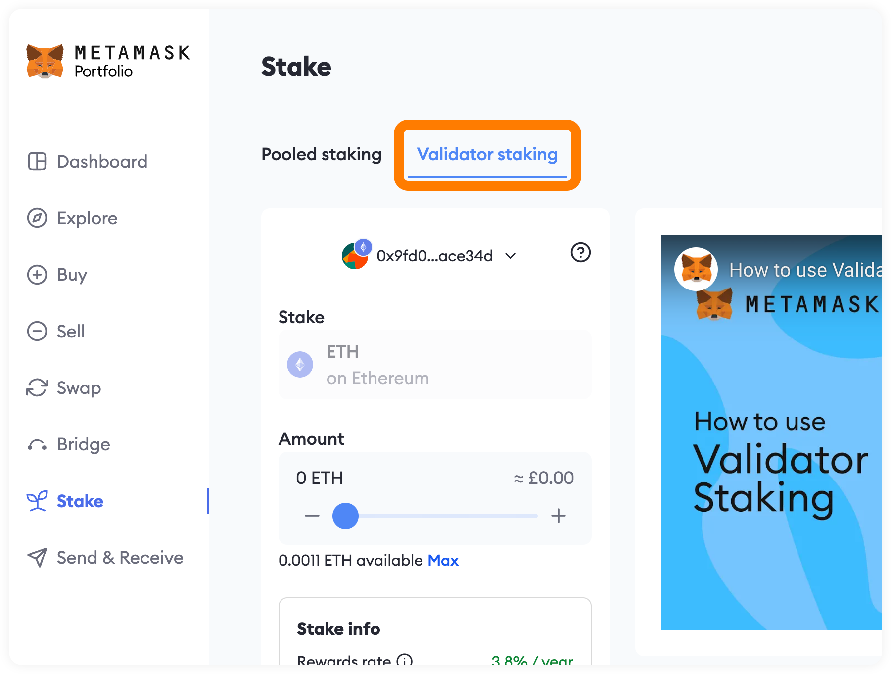 MetaMask Portfolio validator staking
tab
