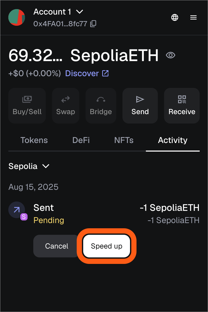 MetaMask extension speed up pending transaction button