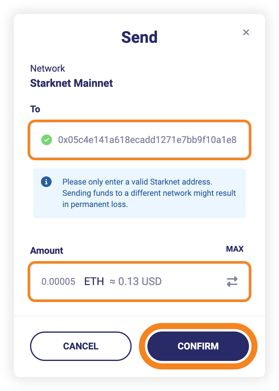 Starknet sending modal