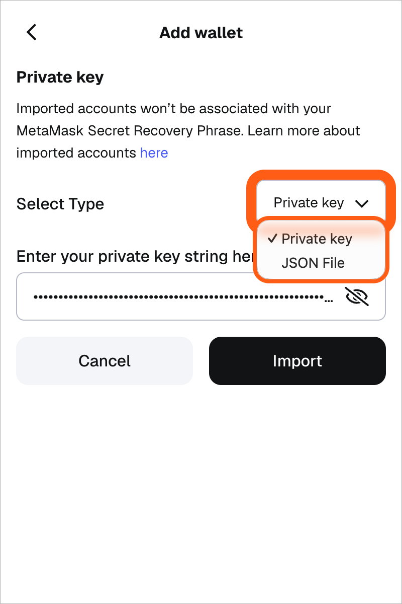 MetaMask extension add wallet import an account JSON file dropdown option