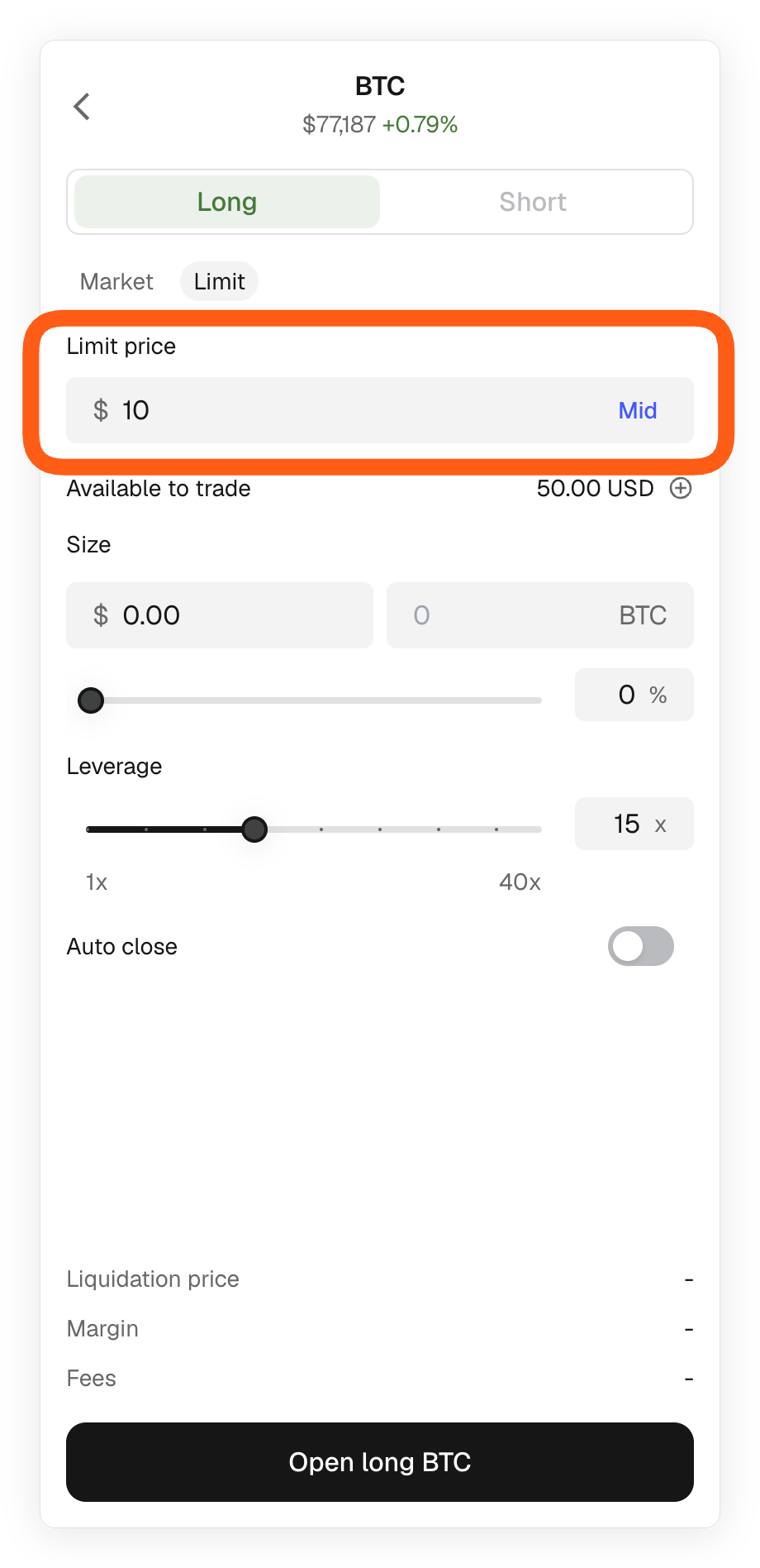 MetaMask extension perps set limit price