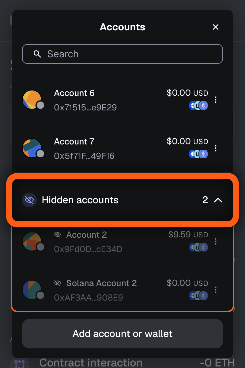 MetaMask extension account list view hidden accounts