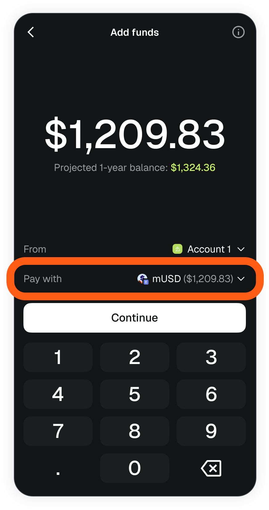 MetaMask mobile money account select amount pay with mUSD