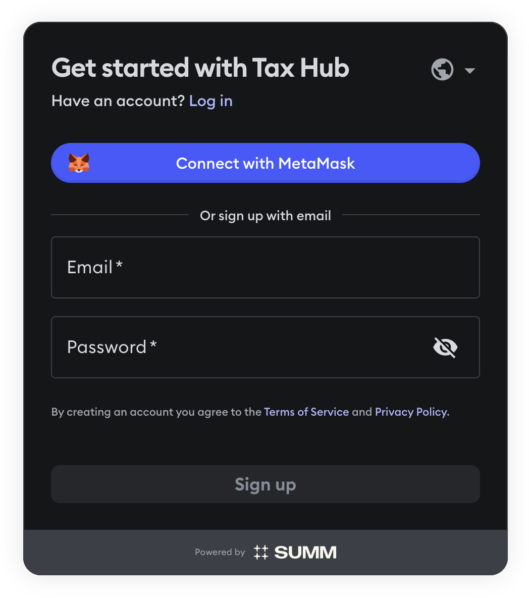 MetaMask Portfolio tax hub login window