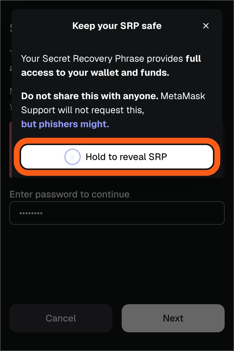 กดค้างเพื่อเปิดเผยวลีกู้คืนรหัสในส่วนขยาย MetaMask