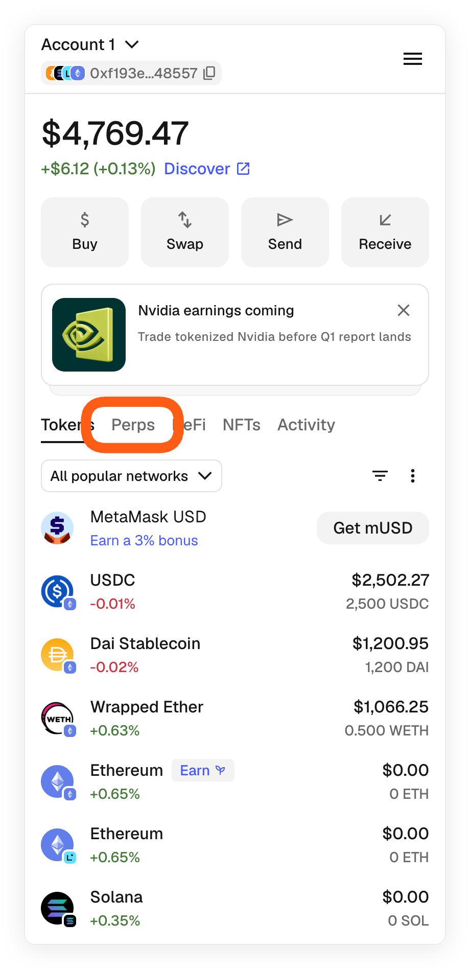 MetaMask extension perps tab