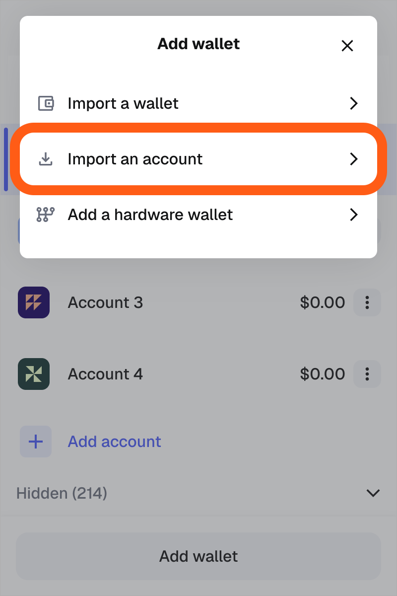 MetaMask extension add wallet import an account